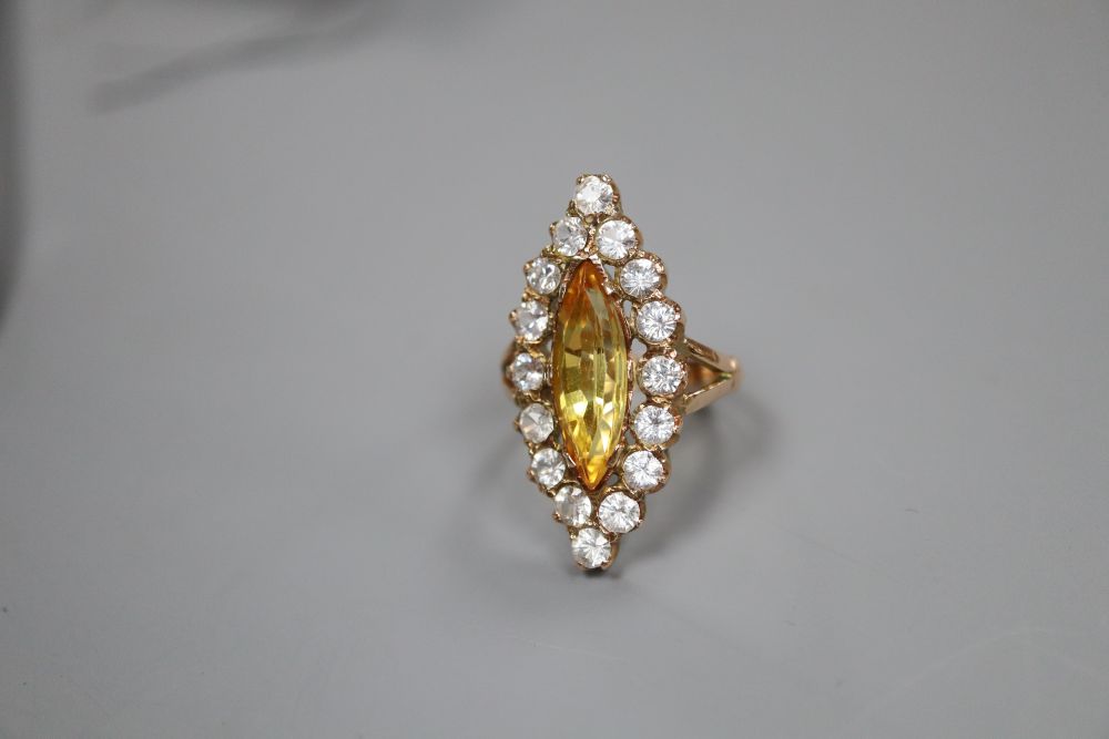 A paste and citrine marquise dress ring, stamped 18ct, finger size L
